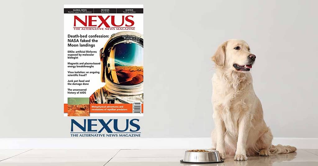 Dog with food bowl next to front cover of Nexus Magazine.