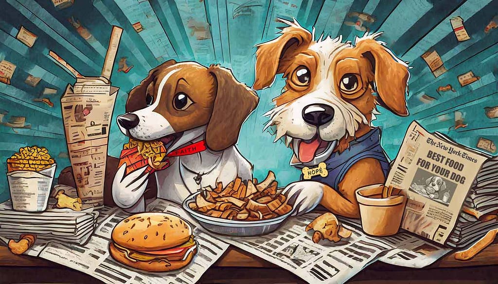 Cartoon depicting dogs eating junk food surrounded by newspapers. A headline reads "Best food for your dog".
