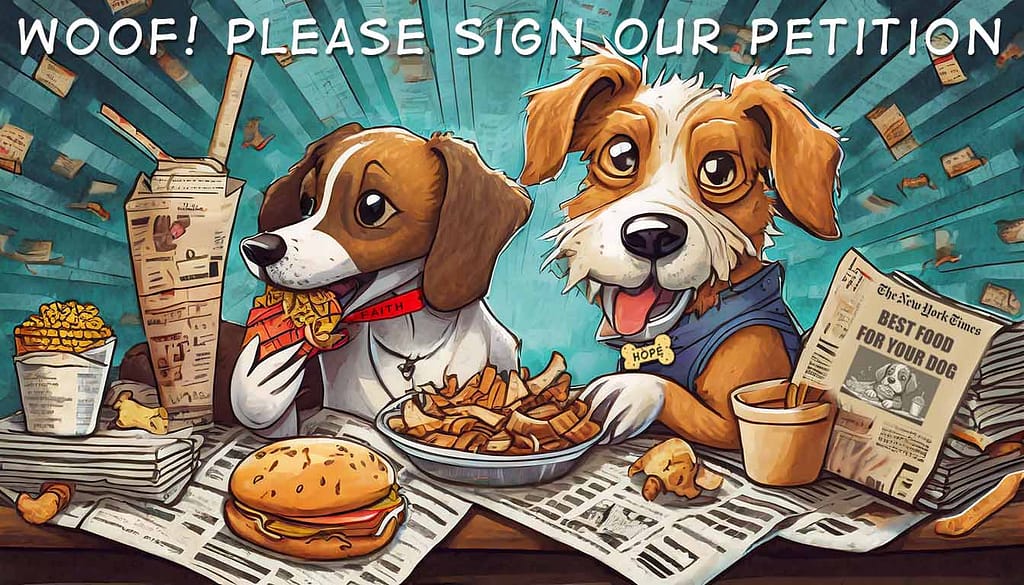 Cartoon depicting dogs eating junk food surrounded by newspapers. A headline reads "Best food for your dog". Text at the top of the image reads "Woof! please sign our petition"