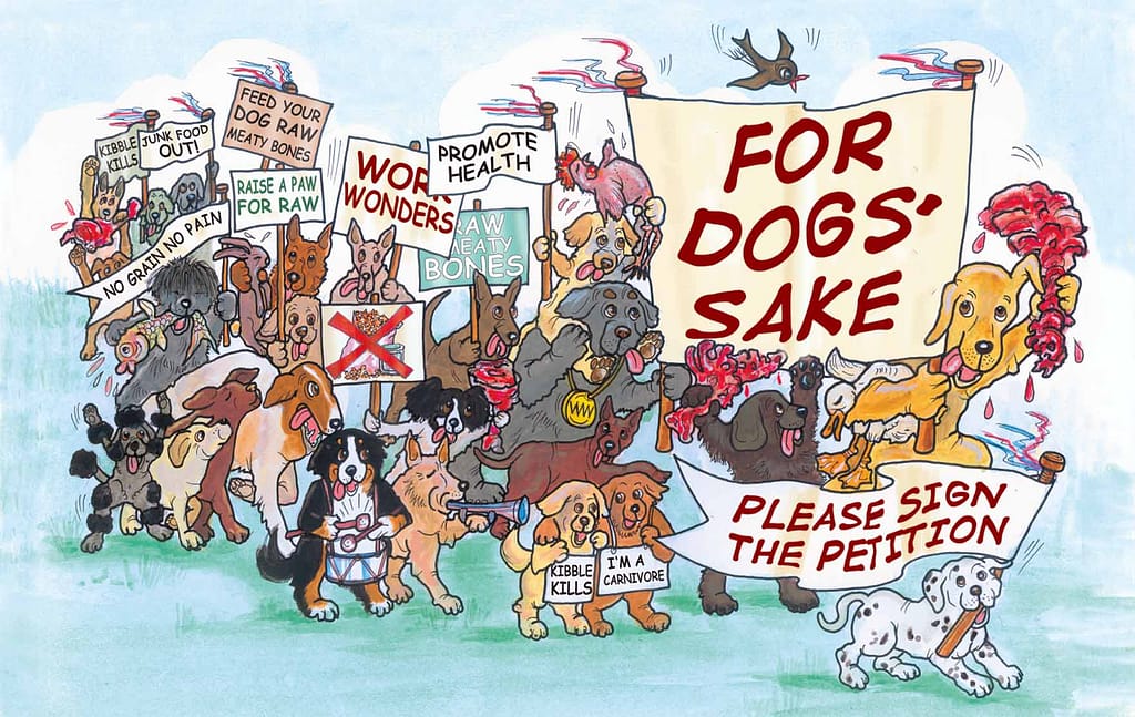 A cartoon depicting a group of protesting dogs, carrying banners. Banner reads "For Dogs' Sake, please sign our petition"
