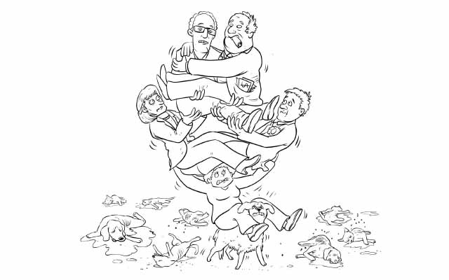Cartoon depicting a teetering pyramid of people on the back of a dog, money stuffed in their pockets, surrounded by ill pets.